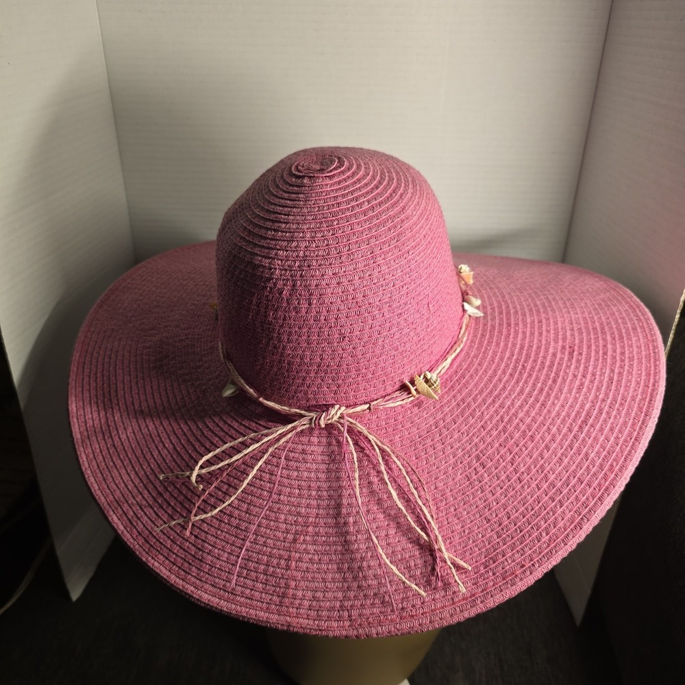 Jacobson Hat Company Pink Straw Sun Hat Wide Brim Seashell Beach Floppy Hat - Picture 4 of 6
